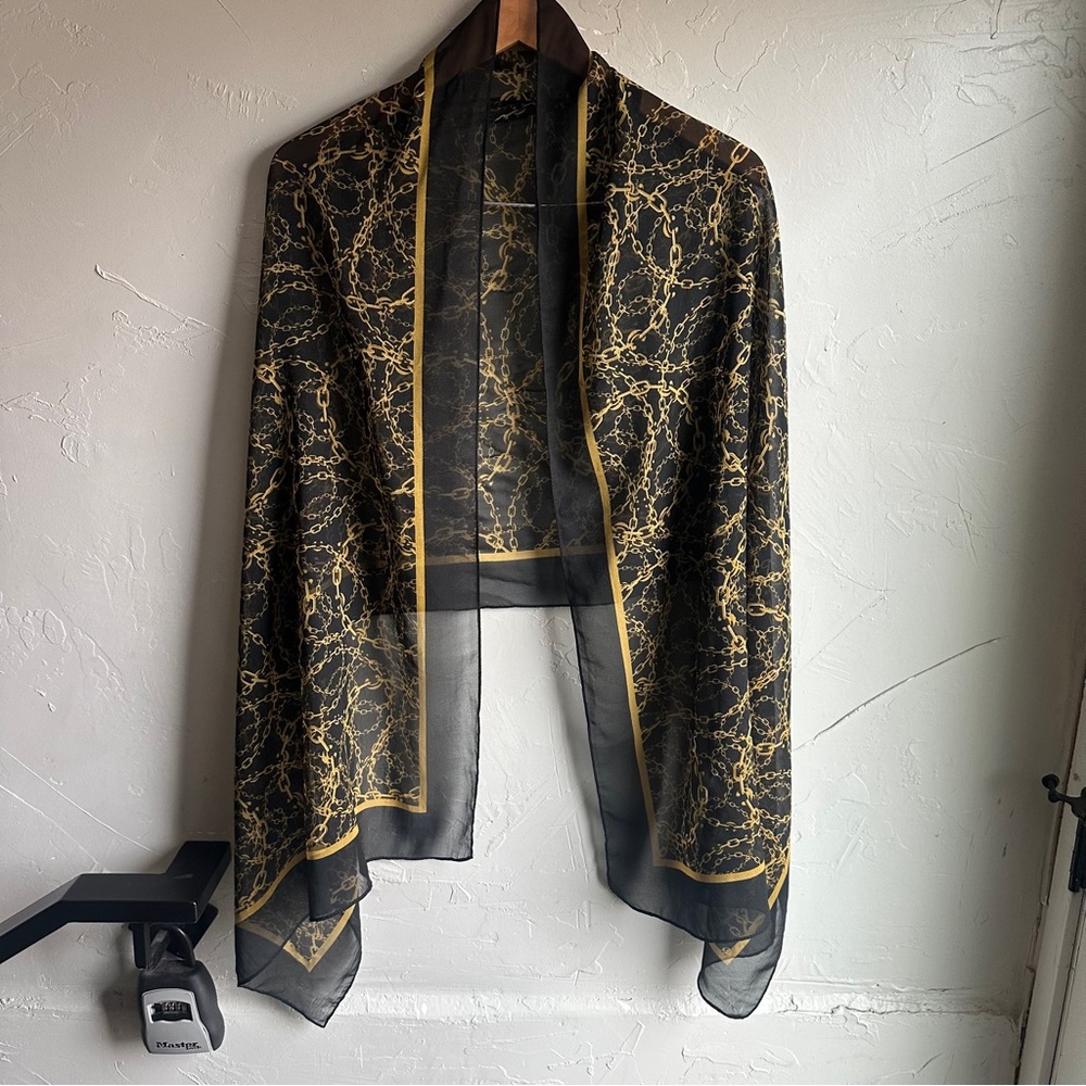 Black & Gold Chain Print Sheer Scarf Edgy Chic Old Money Designer Inspired